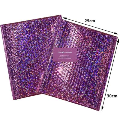 China Cosmetics Size 25x30cm MOQ 180pcs Hot Pink Holographic Padded Bubble Postage Bag Bubble Mailing Mailer for sale