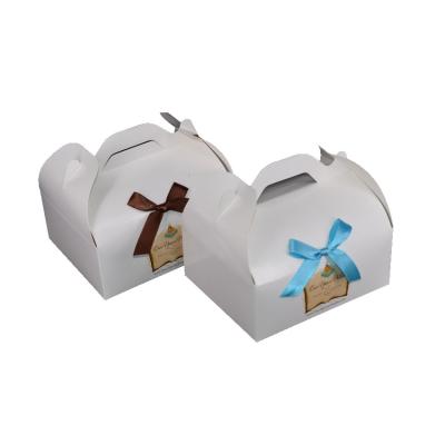 China Recyclable Gable Cupcake Box with Decorative Paper Handles Ribbon Bow, Gable Box for Bakery for sale