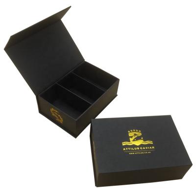 China Luxury Gold Foiled Caviar Packaging Box Recyclable With Dividers Caviar Gift Box Manufacturer for sale