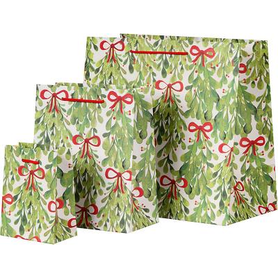 China Recyclable Watercolor Mistletoe Printing Medium Size Large Paper Gift Bags Christmas Gift Set Bags for sale