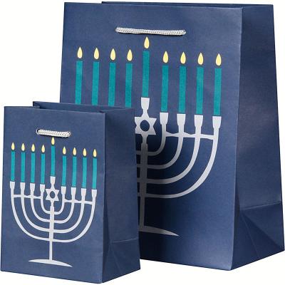 China Menorah Design Printing Paper Recyclable 100% Recyclable Gift Bags Hanukkah Gift Packaging Paper Bags for sale