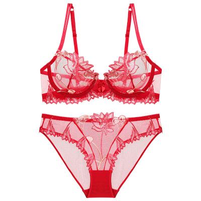 China QUICK DRY Europe and the United States underwear chest size bra set the big cherry embroidery ultra-thin transparent sexy lace bra for sale