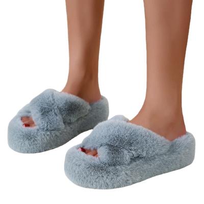 China CUSHIONING thick-soled warm plush slippers women's brown cross plush slippers autumn and winter cotton flat-bottomed slippers for sale