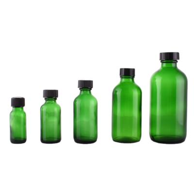 China Personal Care 0.5oz 1oz 2oz 4oz 8oz Green Boston Bottle With Black Poly Cone Cap For Cosmetic Oil Solution for sale