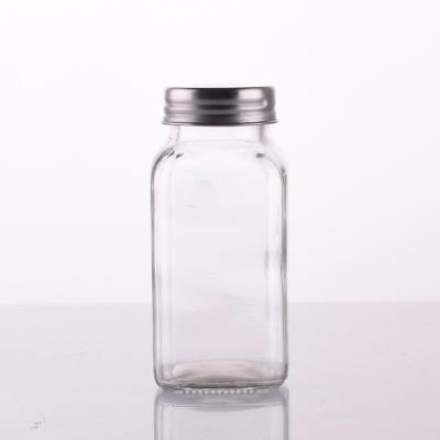 China Kitchen Supplies Clear Spice Glass Jars Bottles 3oz 4oz 6oz Empty Square Spice Containers With Metal Shaker Lids for sale