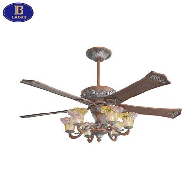 China LuBan Luxury remote control 65 inch ceiling fan, 5 solid wood blades, silent reversible DC motor, 5 speeds, E12*6, imitating colorful chandelier g for sale