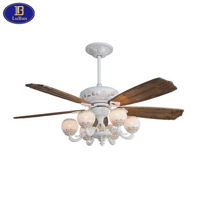 China LuBan Luxury Remote Control 65 Inch Ceiling Fan, 5 Solid Wood Blades, Silent Reversible DC Motor, 5 Speeds, E527*6, Ceramic Shade for sale