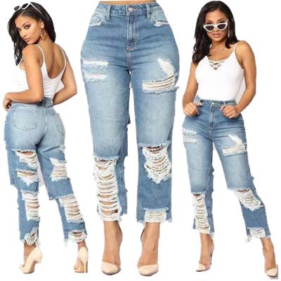 China Viable Women's Jeans Waist Pants High Holes Distressed Stretch Jeans Ripped Jeans Plus Size for sale