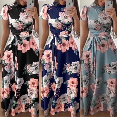 China 2021 Anti-wrinkle Women's Long Sleeve Short Sleeve Dress Flower Printed Long Skirt High Neck Belt Summer Casual Elegant Plus Size Women Dress for sale