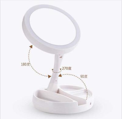 China Folding Lighted Led Fill Mirror Light Round Mini Women's Portable Mirror Beauty Makeup Desktop Mirror for sale