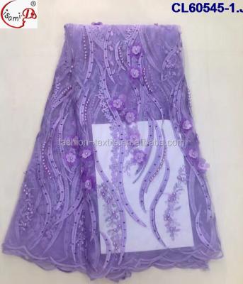 China Nice Viable Pattern 3d Flowers French Lilac Lace Fabric CL60545-1 Tulle Net Lace Fabric For Sale for sale