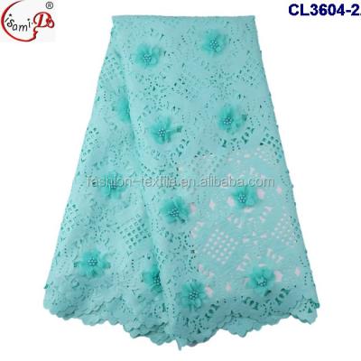 China 2020 Viable Hot Selling Aqua African Laser Cut Lace Fabrics 3D Handcut Lace Fabric For Women Dress CL3604 for sale