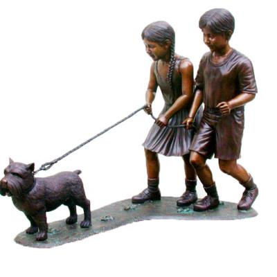 China China Garden Metal Decoration Outdoor Bronze Sculpture Of A Boy And A Girl Walking With A Dog for sale