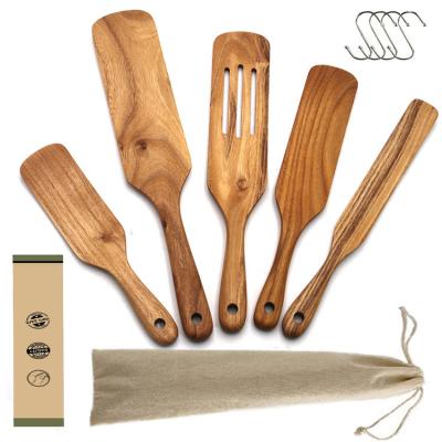 China Spurtles Sustainable 5 Piece Kitchen Set Tools Wooden Cookware Wood Slotted Spatula Cooking Utensils for sale