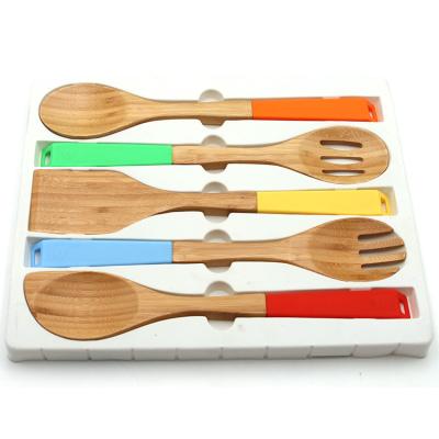 China Sustainable Bamboo Cooking Utensils Sets With Colorful Silicone Handles for sale