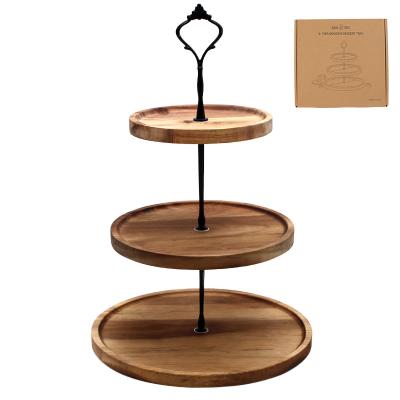 China Guest Room Family Decorate Custom 3 Tier Acacia Wood Wedding Table Fruit Snack Cupcake Cake Stand For Tea Serving Tray for sale