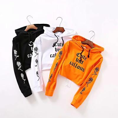 China 2020 New Arrival 100% Cotton Hoodie Crop Top Women Orange Printing Long Sleeve Crop Hoodie for sale