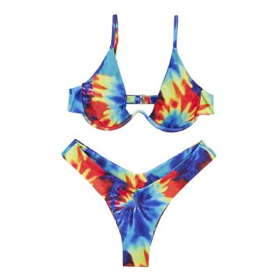 China Colorful High Elastic Tie Dye Triangle Swimsuit Bikini Two Piece Plus Size Thong High Waist Manufacturer Sexy Swimwear for sale