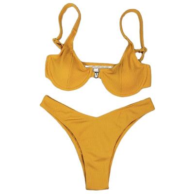 China Breathable women striped simple bikini solid color swimsuit 2021 summer vacation wear yellow swimming wholesale for sale