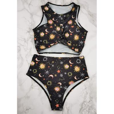 China wholesale Breathable School Black Medium Waist Cute Girl Tankini Printing Fashion Design Swimwear Suit Sun Moon Star Color Swimwear Top Tan for sale