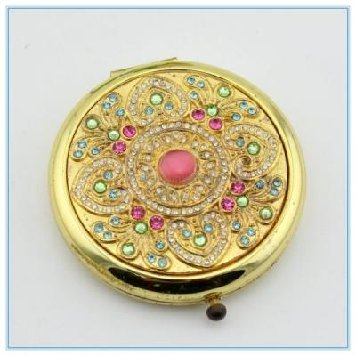 China wholesale round shape pink rhinestone metal pocket mirrors for sale