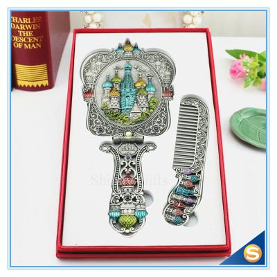 China Castle design Handle Mirrors Delicate Metal Hand Cosmetic Mirrors Handle Mirror with Comb Set Hand Held Mirrors for sale