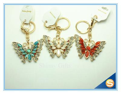 China Rhinestones Butterfly Shape Keychain Zinc Alloy Gold Plated Animal Metal Crystal KeyChains Ring Holder for sale