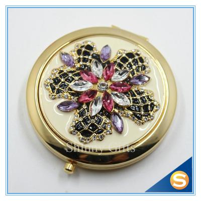 China Shinny Gifts Luxury Rhinestone Flower Design Metal Compact Mirror Small Makeup Mirror For Girls Gift for sale