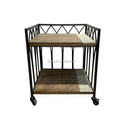 China Hand Carts and Trolleys 2 Tier Wooden and Metal Revolving Shelf with Wheels Storage Trolley Mobile Rolling Cart OEM Service Manufacturing for sale