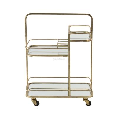 China Yiju Gold Iron Food Cart Glass Storage Beverages Serving Bar Restaurant Cart Trolley 3 Tiers Party Banquet Hotel Serving Cart for sale