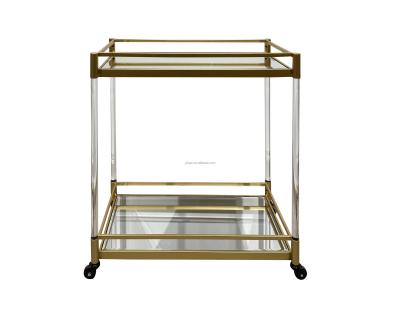 China Yiju Black Iron Hotel Serving Cart Party Banquet Glass Drinks Storage Serving Square Bar Restaurant Cart 2 Tiers Acrylic Trolley for sale