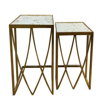 China Modern Antique Gold S/2 Tea Table Coffee Table With Crave Metal Top Frame End Table Sofa Sets OEM Manufacturing for sale