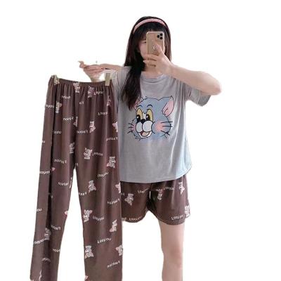 China Boutique QUICK DRY Ladies Cartoon Summer Short Sleeve Shorts And Pants 3 Piece Set Casual And Comfortable Home Wear Pajamas for sale