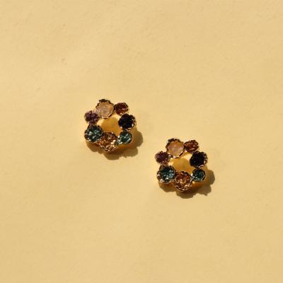 China Vintage Korean Vintage Rhinestone Colorful Rhinestone Stud Earrings For Women Sweet Flower Circle Small Jewelry Gift for sale