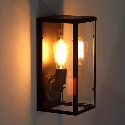 China Retro e27 e26 Corridor Industrital Iron Wall Lamp Black Outdoor Square Sconce Glass Square Outdoor Wall Light for sale