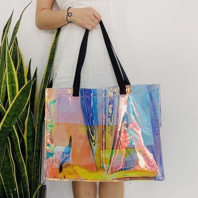 China Iridesent Eco-friendly Iridescent Clear Rainbow Hologram Holographic Colorful Shopping Tote Bag With Custom Logo for sale