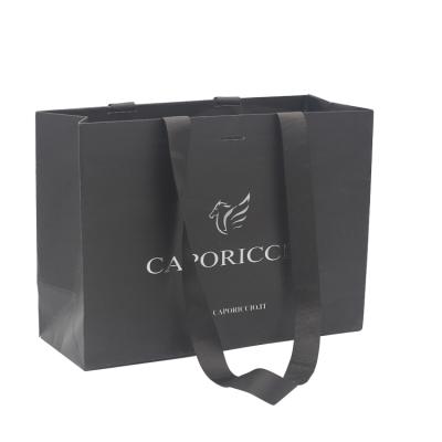 China Custom Recyclable Logo Cute Luxury Clothing Apparel Matte Biodegradable Packaging Shopping Paper Black Printed Bag With Rope Ribbon Handle for sale