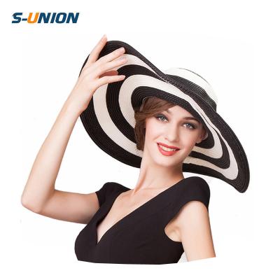 China New Summer S-UNION Big Brim Black And White Stripes Floppy Straw Hat Striped Fashion Beach Sun Ladies Women Hats for sale