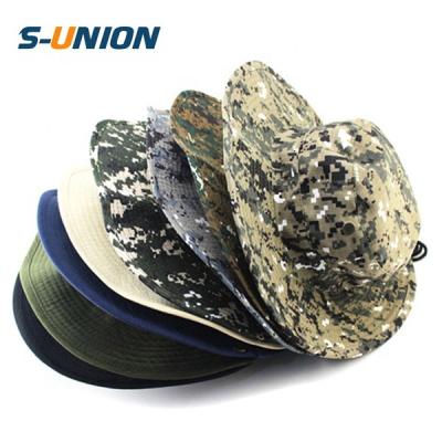 China Custom Made Boonie Hats Military Outdoor Sport Sun Safari Image Cotton Fisherman Camouflage Bucket Hat With String For Men for sale