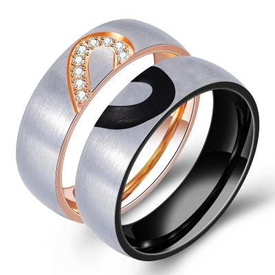 China TRENDY Poya Heart 6mm Rose Gold Black Titanium Stainless Steel Couples Matching Ring With Cubic Zircon Inlay for sale