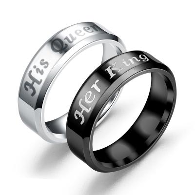 China Poya FASHIONABLE Beveled Edge 6mm His King His Queen Engraved Stainless Steel Black Silver Plated Couples Ring for sale