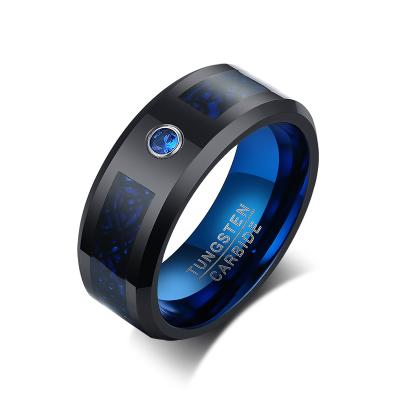 China CLASSIC Blue Tungsten Ring For Husband Anniversary Gift Poya Carbon Fiber 8mm Sapphire Cz Stone Inlaid Black for sale