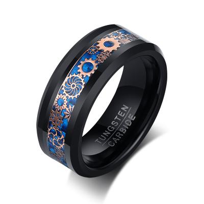 China Poya 8mm CLASSIC Black Rose Gold Gear Tungsten Ring Gift Band With Blue Carbon Fiber Inlaid for sale