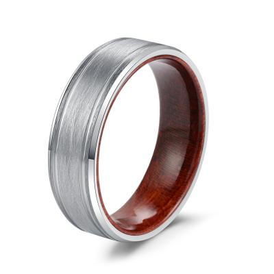 China 8mm Rosewood Cladding CLASSIC Double Fluted Polished Edge Brushed Silver Tungsten Ring For Men Womens Gift for sale