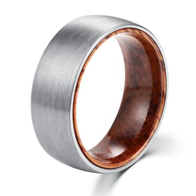 China CLASSIC Arched Brushed Poya 8mm Koa Wood Liner Sleeve Silver Black Tungsten Ring For Men for sale