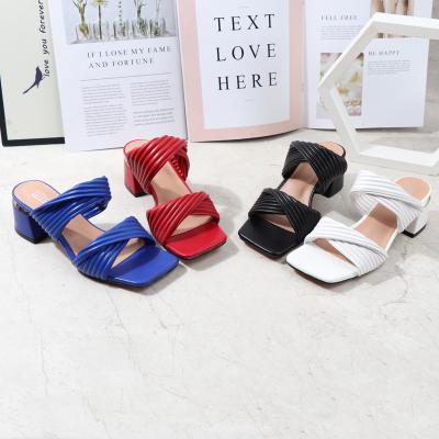 China 2021 Fashion Trend Open Toe Block Heels Shoes Stripes High Heels Slippers Two Strap Heels Sandals Shoes For Ladies for sale