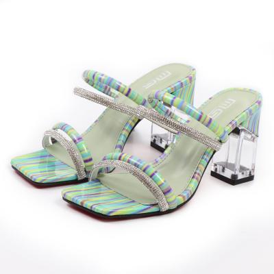 China Fashion Trend Summer Heels Open Toe Green Clear Shoes Plus Size Rhinestone Strap Chunky Pumps Block Heels Sandals for sale