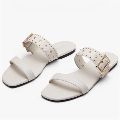 China Fashion Trend Hot Sale Large Size Women Two Straps Buckle Toe Flat Sandals Square for sale