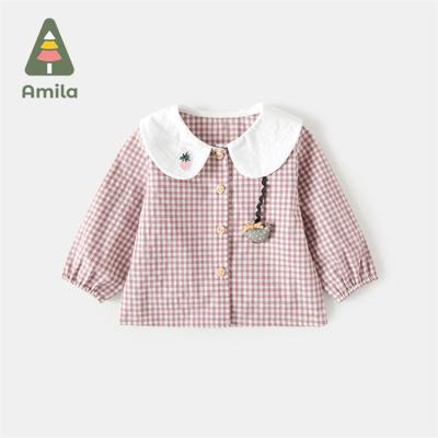 China Breathable High Quality Fabric Checked Shirt Children Tops Collar Kids Doll Blouse Long Sleeves Shirt for sale