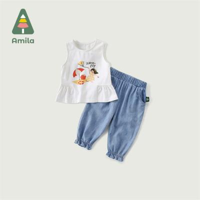 China Cartoon Anime Sleeveless Top Mosquito Pants Children's Costume Baby Kids Summer Dress Two Piece Sets for sale